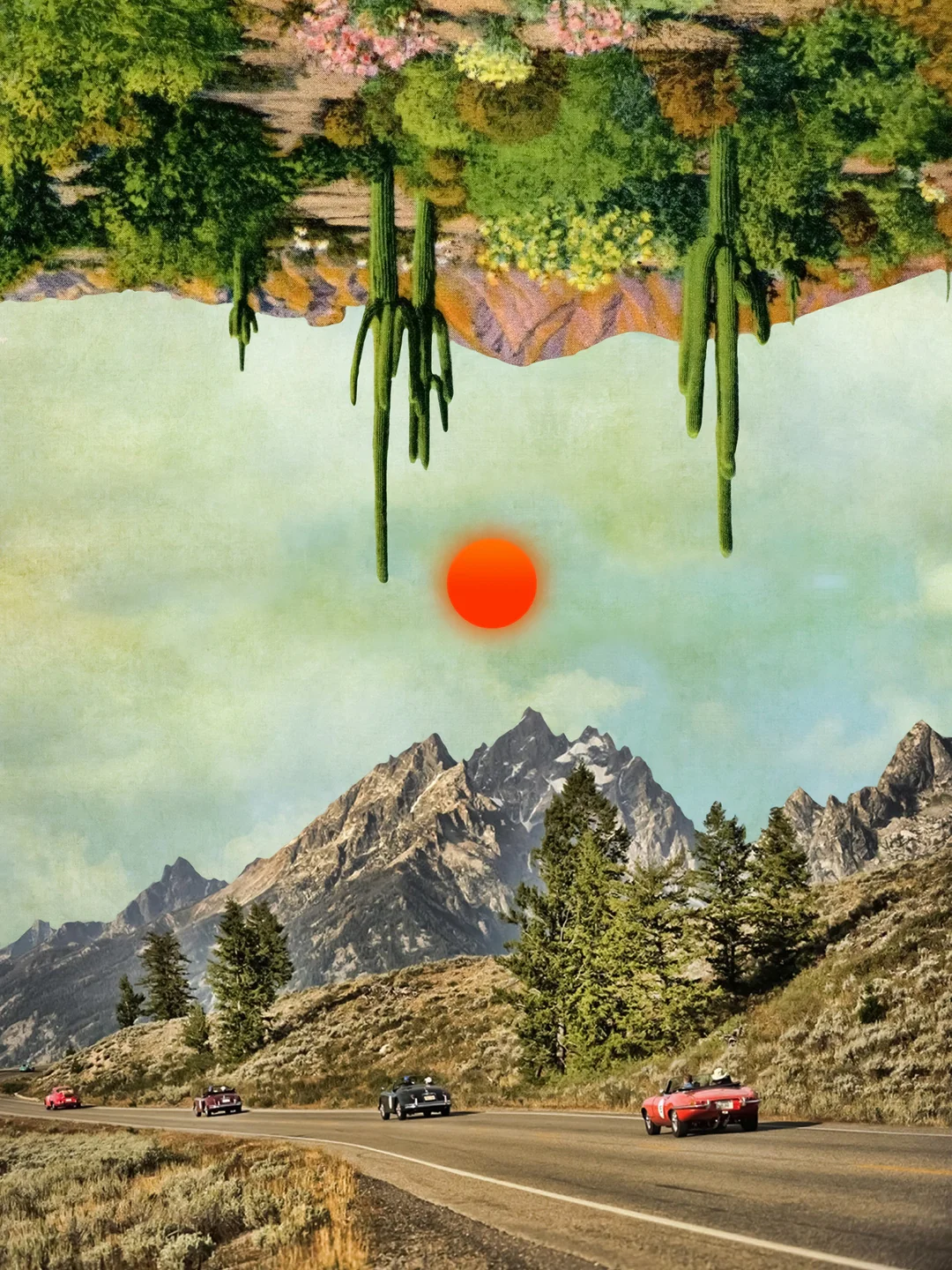 The Sky is Not the Limit by Alex Hernandez — an inverted desert landscape with mountains, hanging cactus, and a red sun